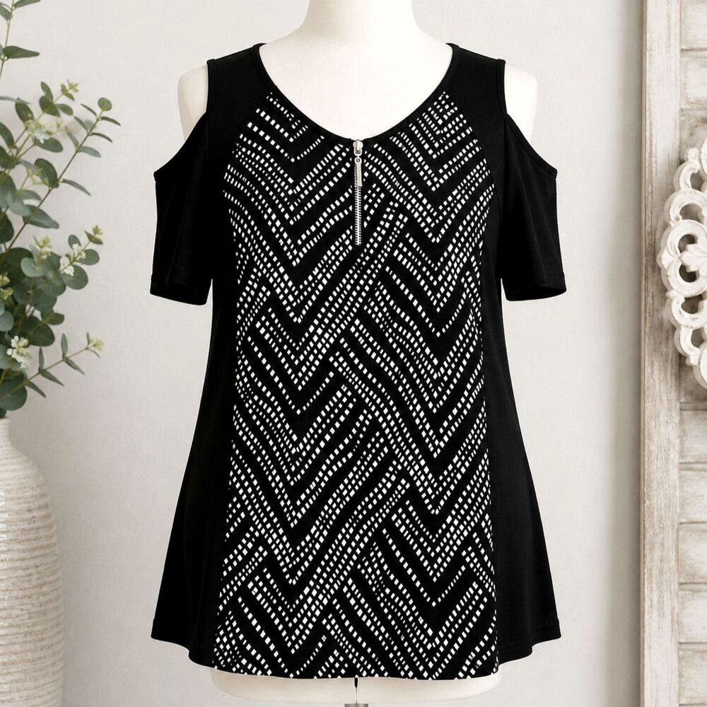 Susan Lawrence Black White Geometric Cold Shoulder Knit Top Small